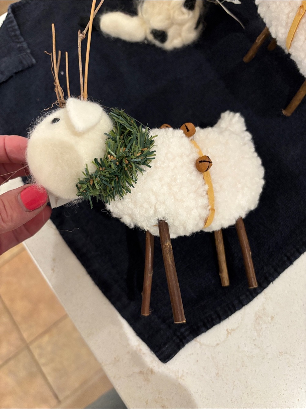 Crafty White Pom Sheep Holiday Decor with Pine Collar with cows